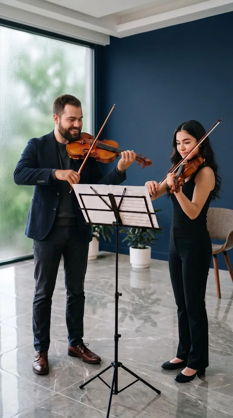 Profesor y alumna tocando violín juntos durante una clase